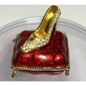 Enamel Rhinestone High Heel Shoe Resting on Pillow with Tassels Trinket Box